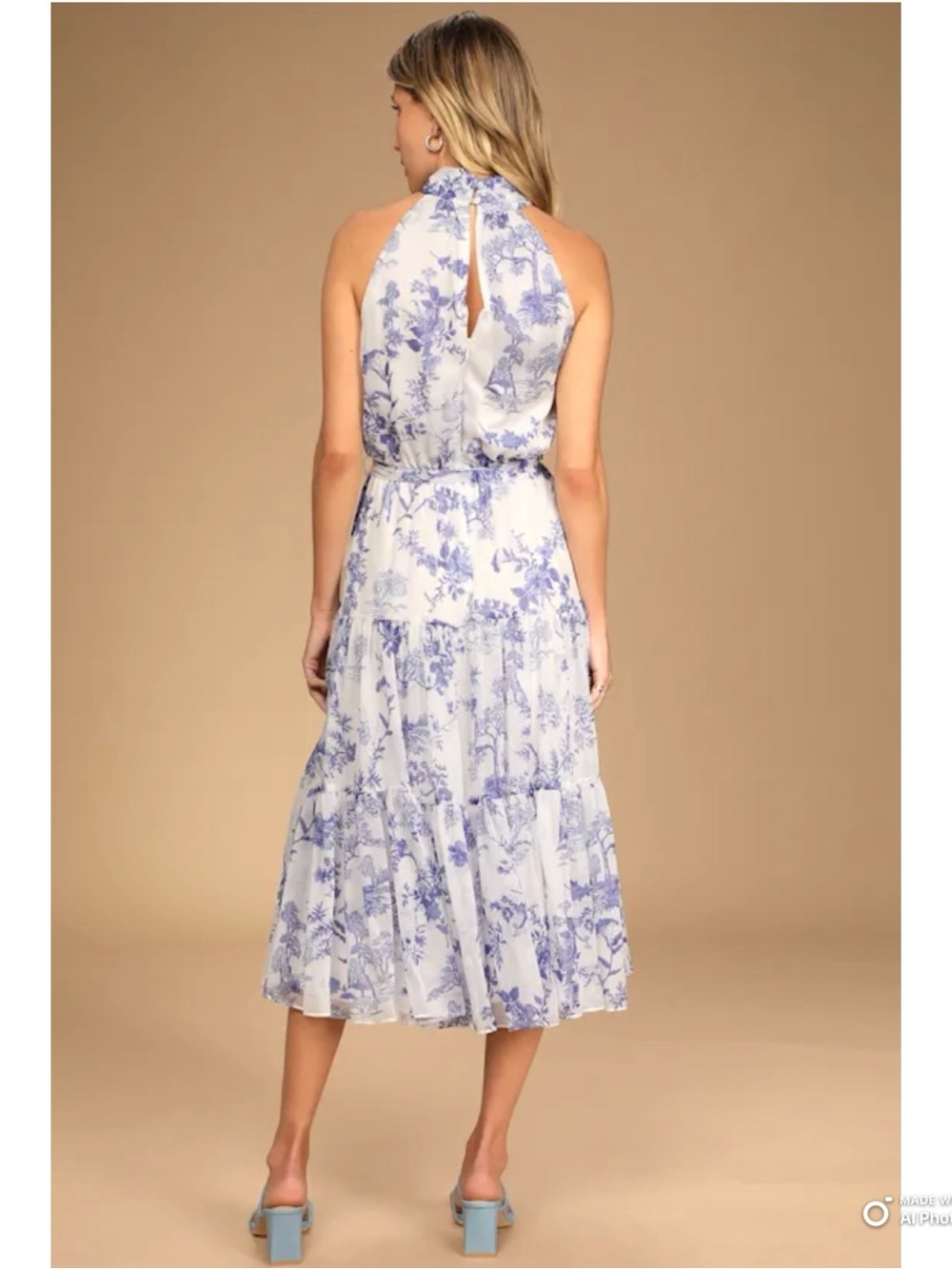 Lulus Large Float To You White & Blue Floral Print Halter Tiered Midi Dress NWT - Picture 6 of 15